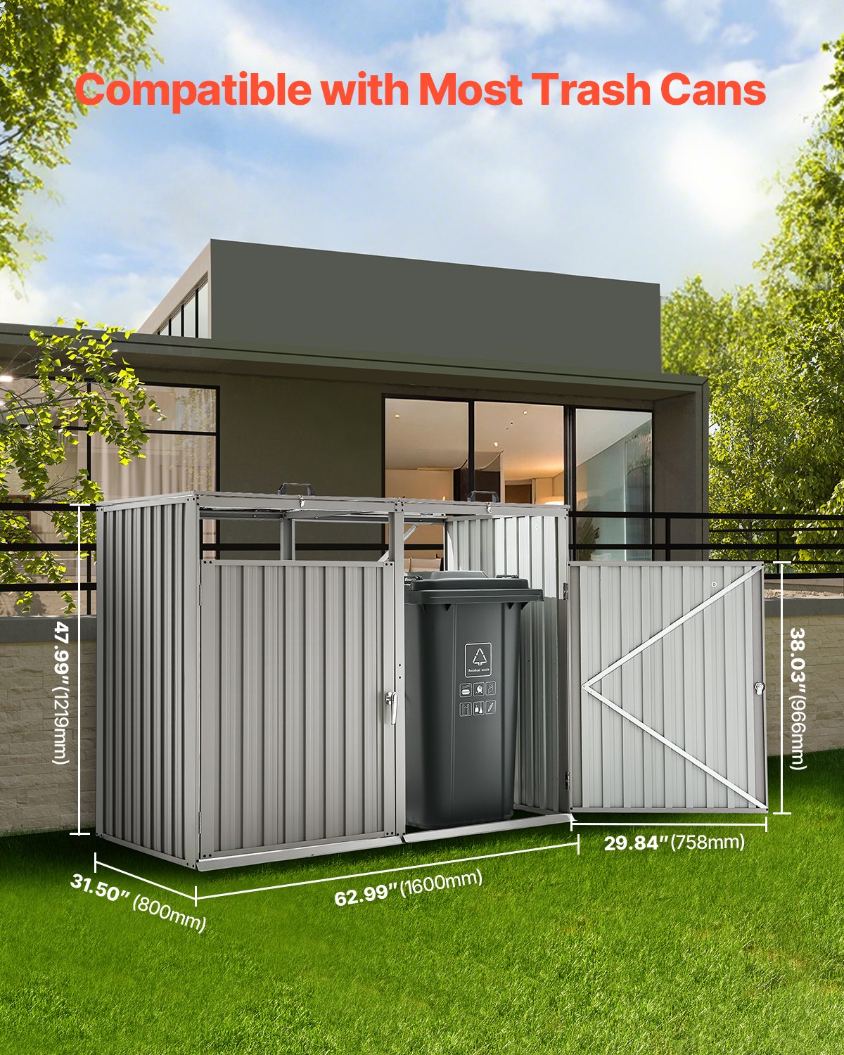 VEVOR Trash Can Storage, 2 x 52.79 Gal Trash Bin Storage Shed Outdoor, Galvanized Steel Horizontal Storage Cabinet Waterproof, Lockable Garbage Can Storage Shed, for Garden, Backyard and Patio Use