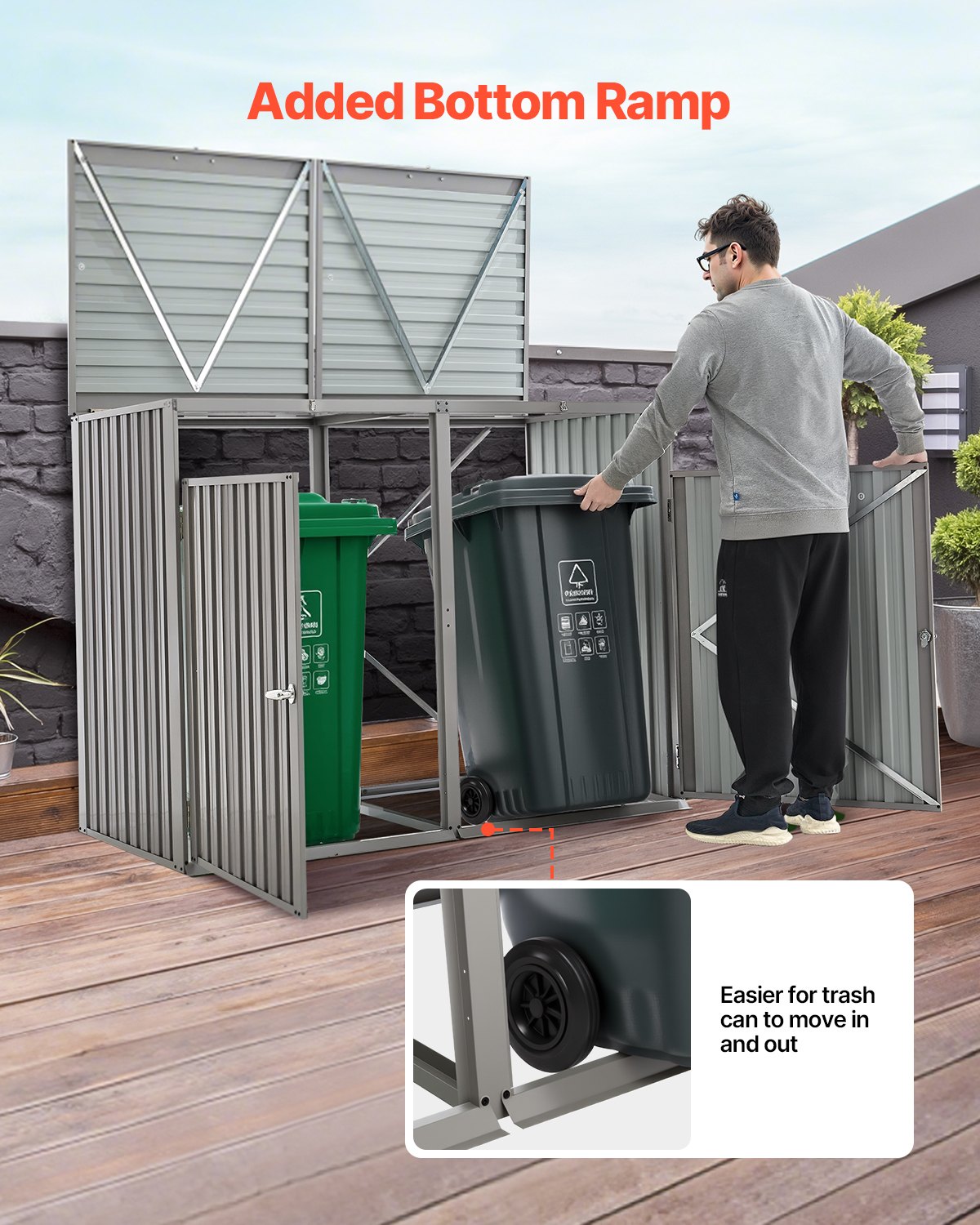 VEVOR Trash Can Storage, 2 x 52.79 Gal Trash Bin Storage Shed Outdoor, Galvanized Steel Horizontal Storage Cabinet Waterproof, Lockable Garbage Can Storage Shed, for Garden, Backyard and Patio Use