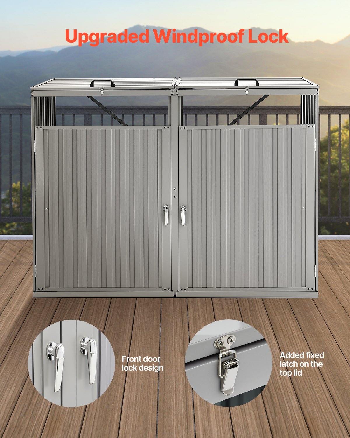 VEVOR Trash Can Storage, 2 x 52.79 Gal Trash Bin Storage Shed Outdoor, Galvanized Steel Horizontal Storage Cabinet Waterproof, Lockable Garbage Can Storage Shed, for Garden, Backyard and Patio Use