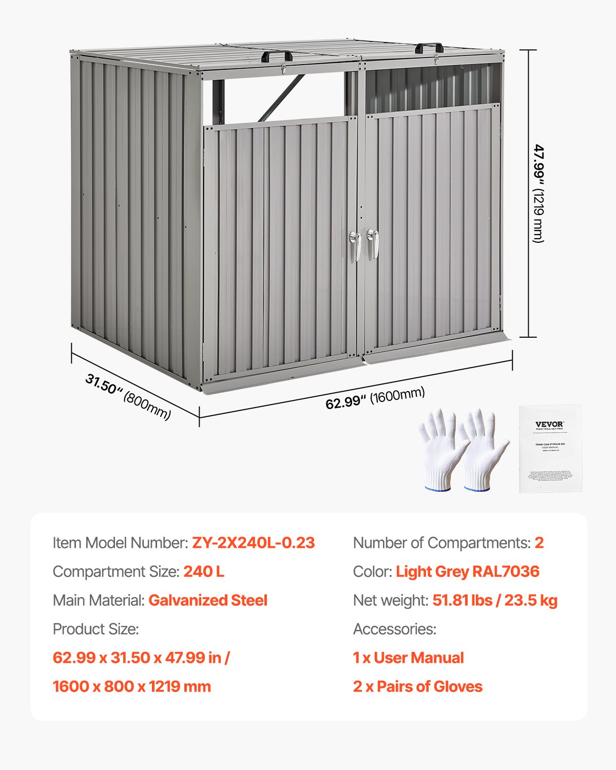 VEVOR Trash Can Storage, 2 x 52.79 Gal Trash Bin Storage Shed Outdoor, Galvanized Steel Horizontal Storage Cabinet Waterproof, Lockable Garbage Can Storage Shed, for Garden, Backyard and Patio Use