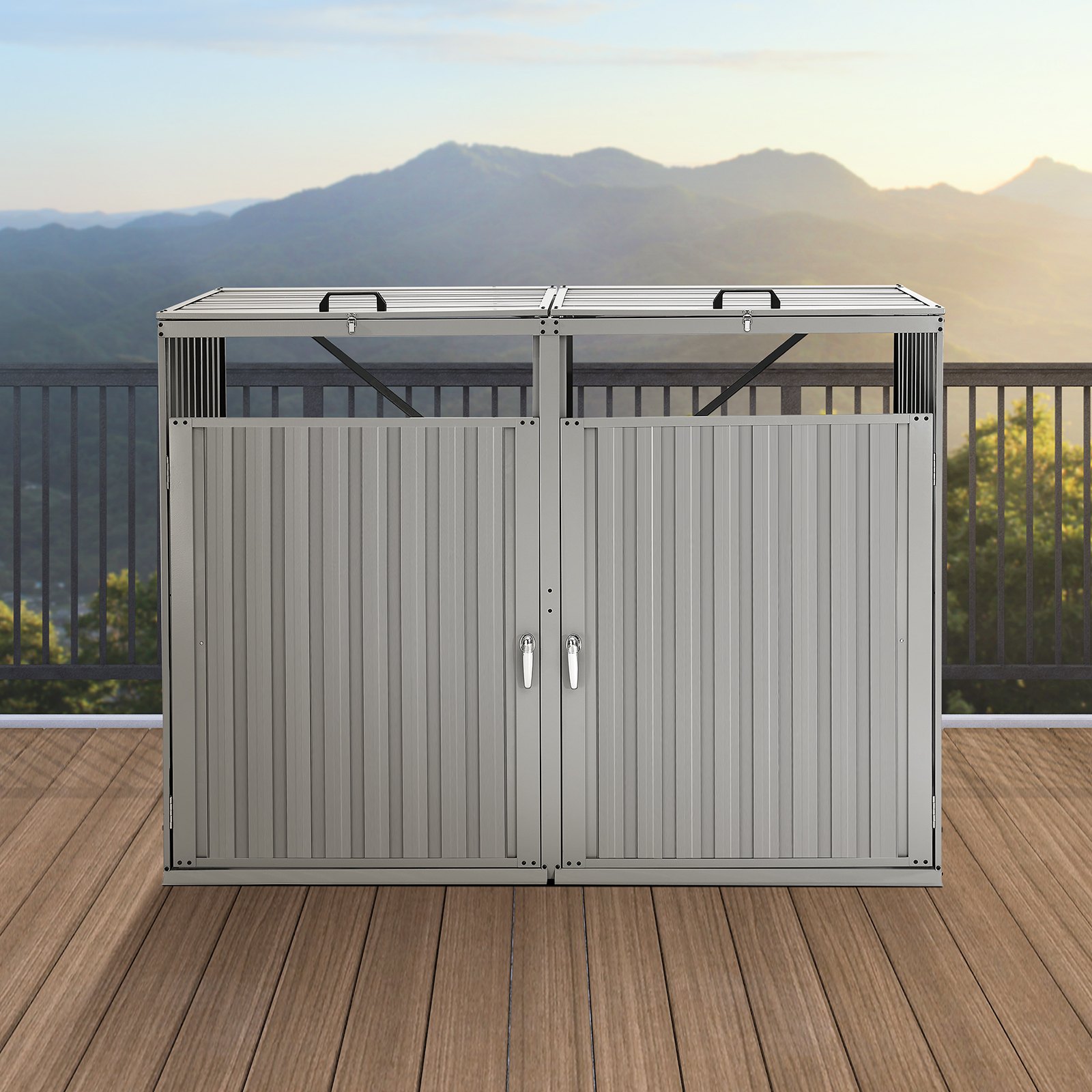 VEVOR Trash Can Storage, 2 x 52.79 Gal Trash Bin Storage Shed Outdoor, Galvanized Steel Horizontal Storage Cabinet Waterproof, Lockable Garbage Can Storage Shed, for Garden, Backyard and Patio Use