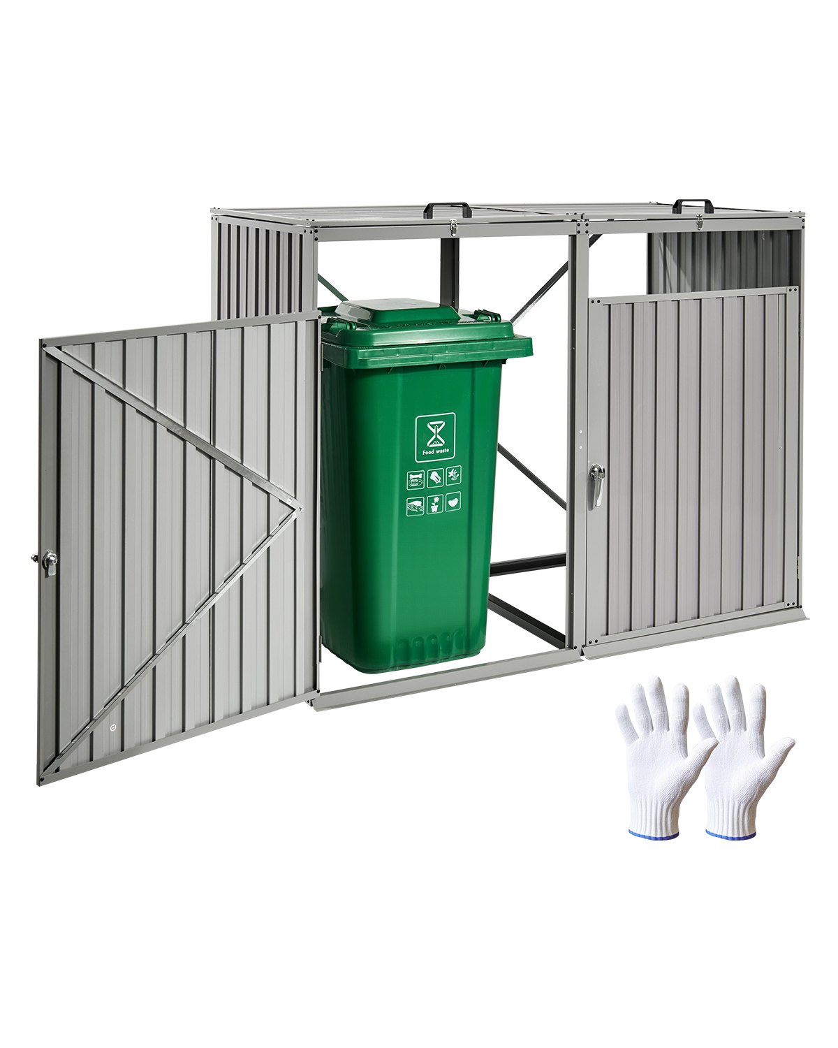 VEVOR Trash Can Storage, 2 x 52.79 Gal Trash Bin Storage Shed Outdoor, Galvanized Steel Horizontal Storage Cabinet Waterproof, Lockable Garbage Can Storage Shed, for Garden, Backyard and Patio Use