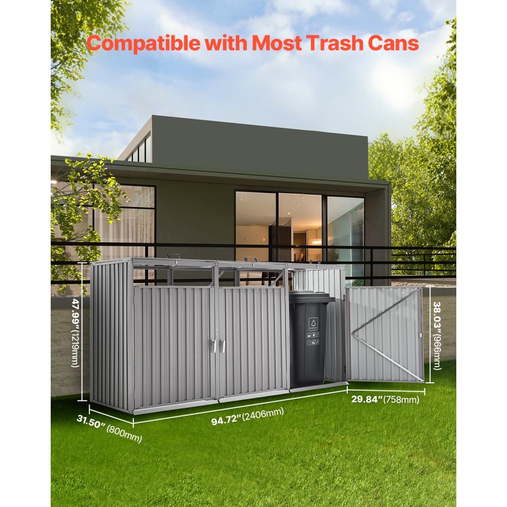 VEVOR Trash Can Storage, 3 x 52.79 Gal Trash Bin Storage Shed Outdoor, Galvanized Steel Horizontal Storage Cabinet Waterproof, Lockable Garbage Can Storage Shed, for Garden, Backyard and Patio Use