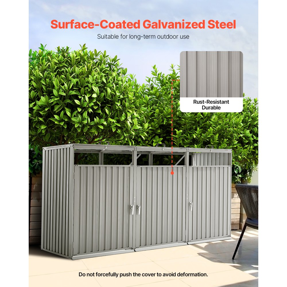 VEVOR Trash Can Storage, 3 x 52.79 Gal Trash Bin Storage Shed Outdoor, Galvanized Steel Horizontal Storage Cabinet Waterproof, Lockable Garbage Can Storage Shed, for Garden, Backyard and Patio Use