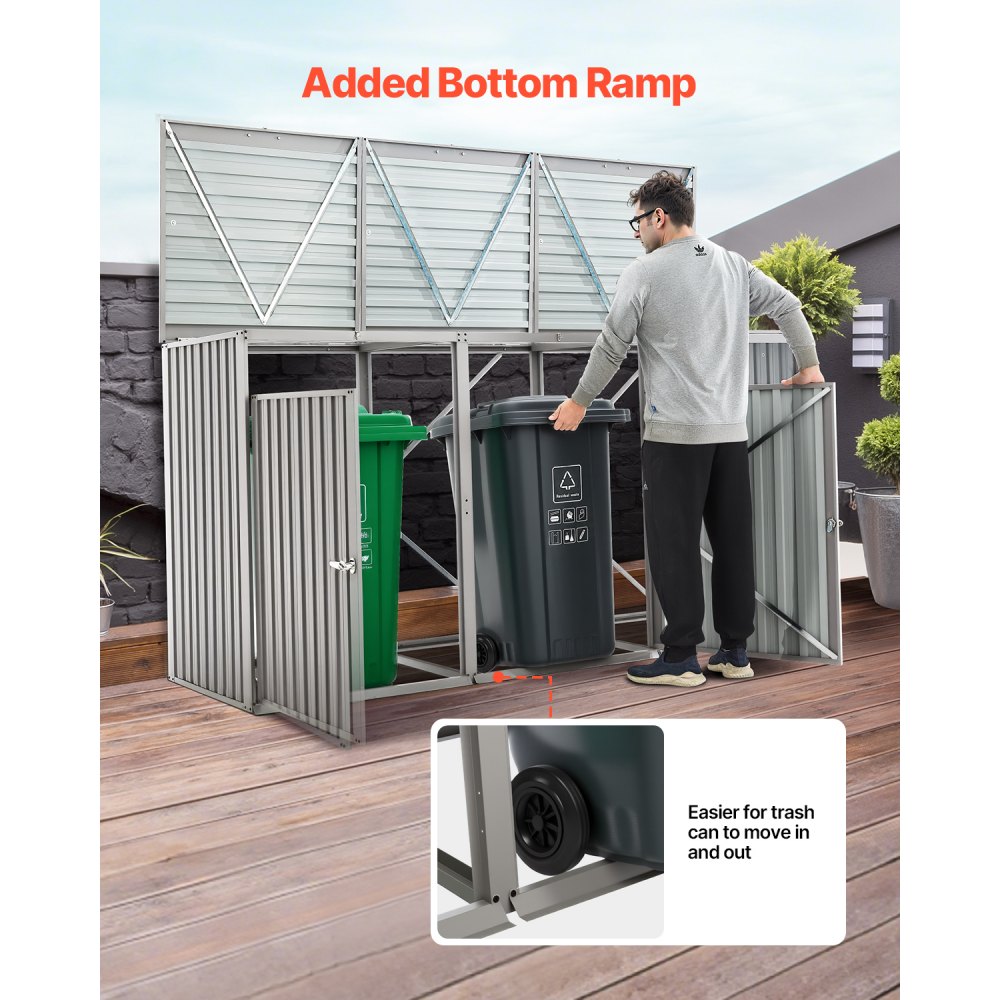 VEVOR Trash Can Storage, 3 x 52.79 Gal Trash Bin Storage Shed Outdoor, Galvanized Steel Horizontal Storage Cabinet Waterproof, Lockable Garbage Can Storage Shed, for Garden, Backyard and Patio Use