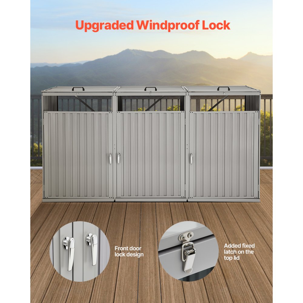 VEVOR Trash Can Storage, 3 x 52.79 Gal Trash Bin Storage Shed Outdoor, Galvanized Steel Horizontal Storage Cabinet Waterproof, Lockable Garbage Can Storage Shed, for Garden, Backyard and Patio Use
