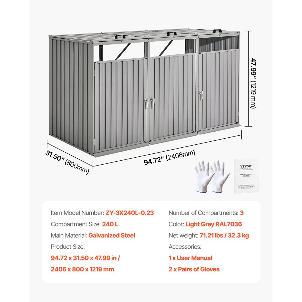 VEVOR Trash Can Storage, 3 x 52.79 Gal Trash Bin Storage Shed Outdoor, Galvanized Steel Horizontal Storage Cabinet Waterproof, Lockable Garbage Can Storage Shed, for Garden, Backyard and Patio Use