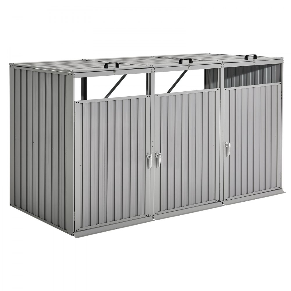 VEVOR Trash Can Storage, 3 x 52.79 Gal Trash Bin Storage Shed Outdoor, Galvanized Steel Horizontal Storage Cabinet Waterproof, Lockable Garbage Can Storage Shed, for Garden, Backyard and Patio Use