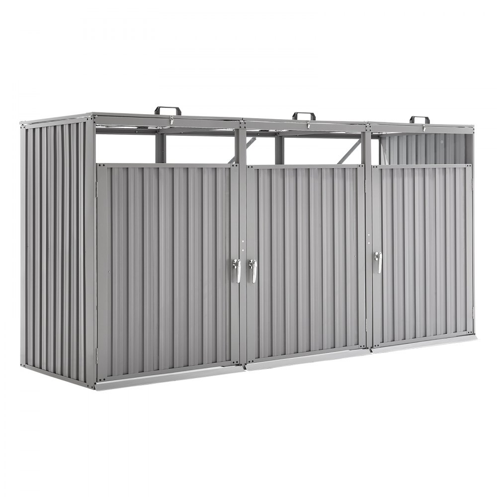 VEVOR Trash Can Storage, 3 x 52.79 Gal Trash Bin Storage Shed Outdoor, Galvanized Steel Horizontal Storage Cabinet Waterproof, Lockable Garbage Can Storage Shed, for Garden, Backyard and Patio Use