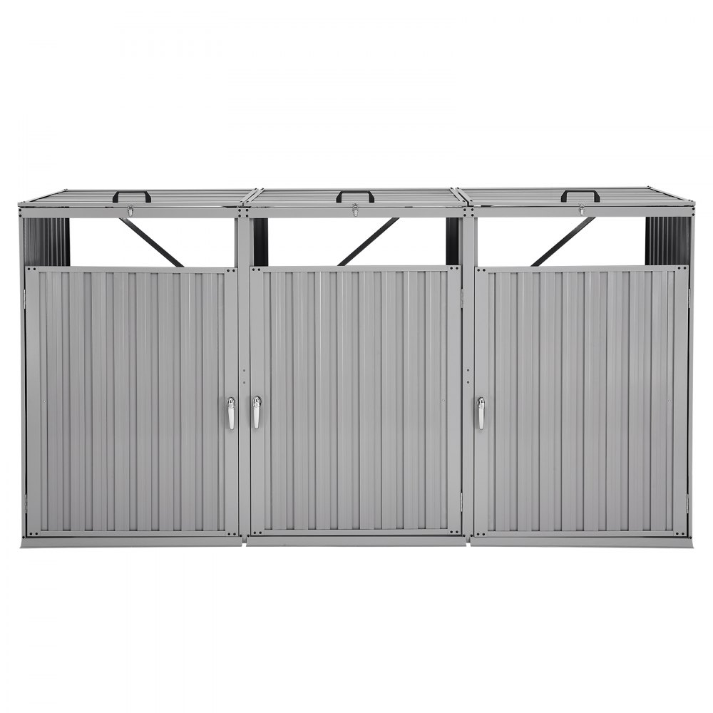 VEVOR Trash Can Storage, 3 x 52.79 Gal Trash Bin Storage Shed Outdoor, Galvanized Steel Horizontal Storage Cabinet Waterproof, Lockable Garbage Can Storage Shed, for Garden, Backyard and Patio Use