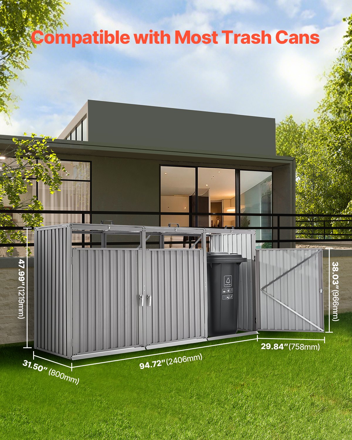 VEVOR Trash Can Storage, 3 x 52.79 Gal Trash Bin Storage Shed Outdoor, Galvanized Steel Horizontal Storage Cabinet Waterproof, Lockable Garbage Can Storage Shed, for Garden, Backyard and Patio Use