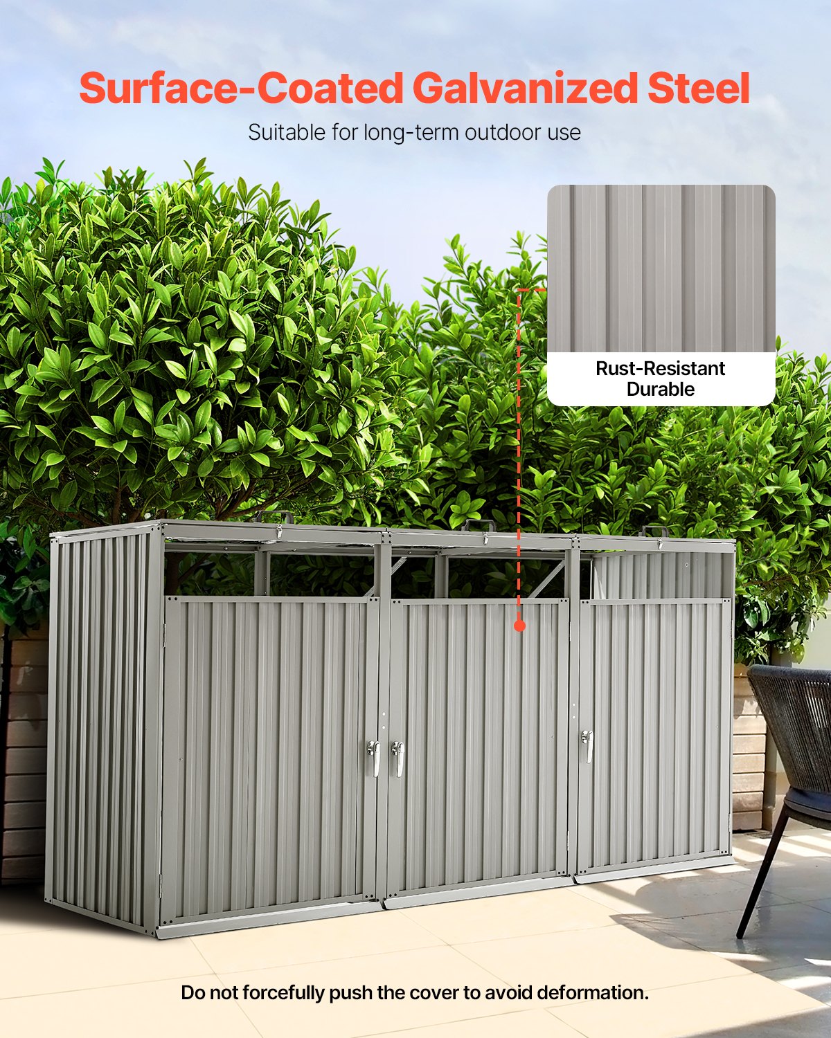 VEVOR Trash Can Storage, 3 x 52.79 Gal Trash Bin Storage Shed Outdoor, Galvanized Steel Horizontal Storage Cabinet Waterproof, Lockable Garbage Can Storage Shed, for Garden, Backyard and Patio Use