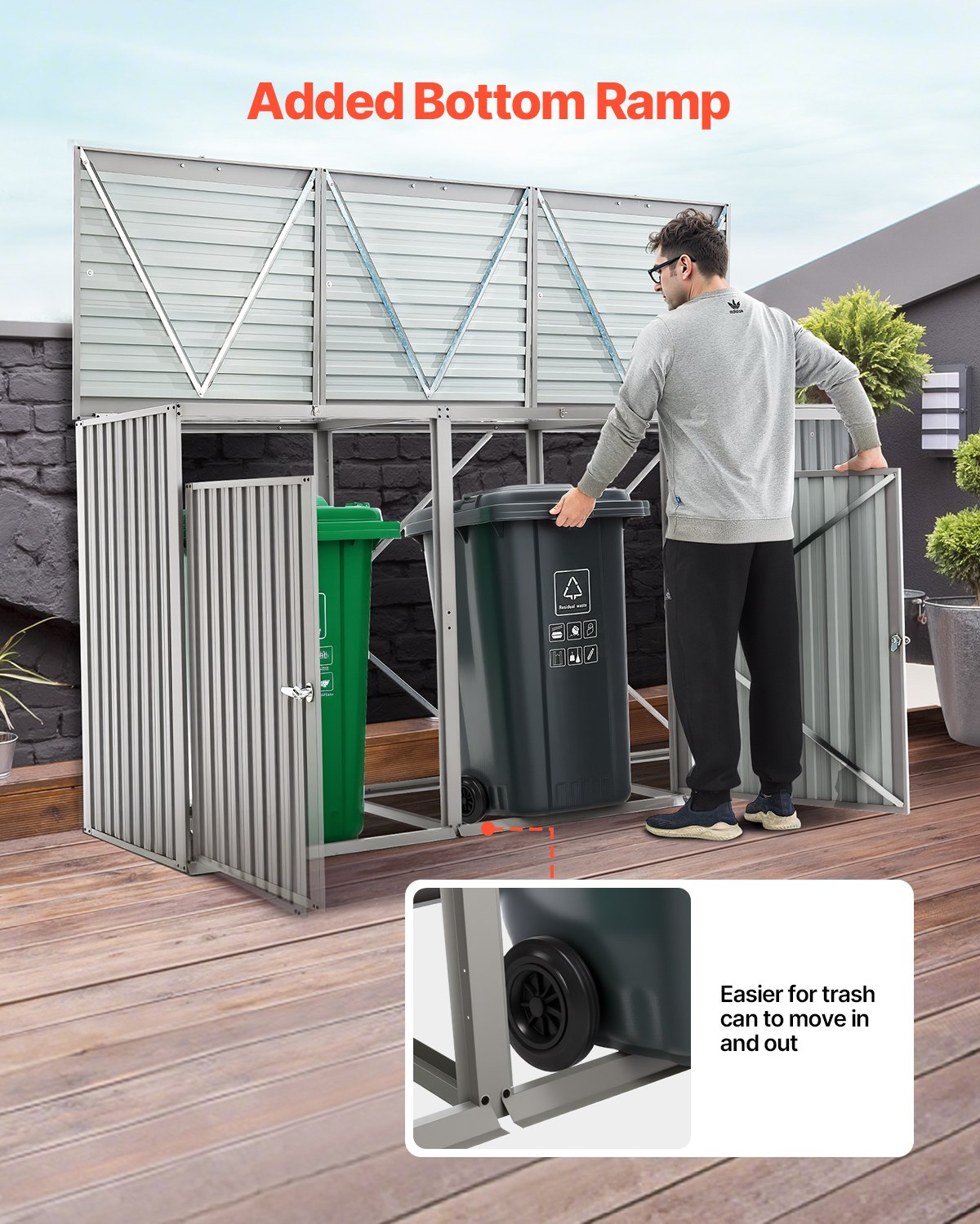 VEVOR Trash Can Storage, 3 x 52.79 Gal Trash Bin Storage Shed Outdoor, Galvanized Steel Horizontal Storage Cabinet Waterproof, Lockable Garbage Can Storage Shed, for Garden, Backyard and Patio Use