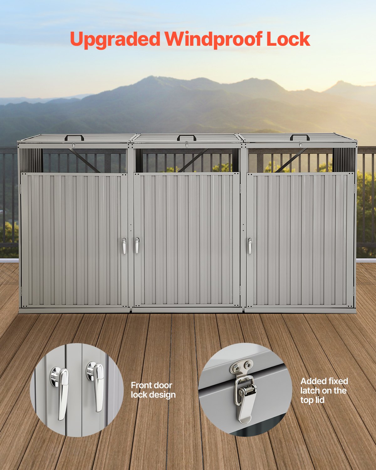 VEVOR Trash Can Storage, 3 x 52.79 Gal Trash Bin Storage Shed Outdoor, Galvanized Steel Horizontal Storage Cabinet Waterproof, Lockable Garbage Can Storage Shed, for Garden, Backyard and Patio Use