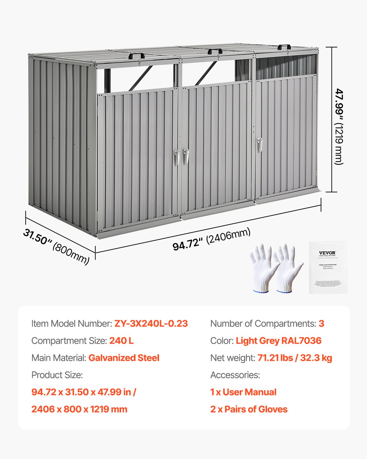 VEVOR Trash Can Storage, 3 x 52.79 Gal Trash Bin Storage Shed Outdoor, Galvanized Steel Horizontal Storage Cabinet Waterproof, Lockable Garbage Can Storage Shed, for Garden, Backyard and Patio Use