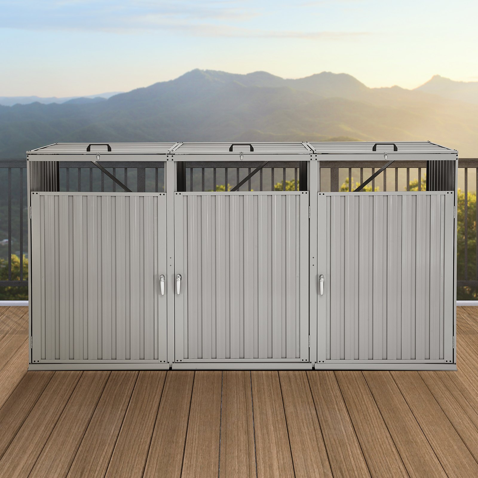VEVOR Trash Can Storage, 3 x 52.79 Gal Trash Bin Storage Shed Outdoor, Galvanized Steel Horizontal Storage Cabinet Waterproof, Lockable Garbage Can Storage Shed, for Garden, Backyard and Patio Use