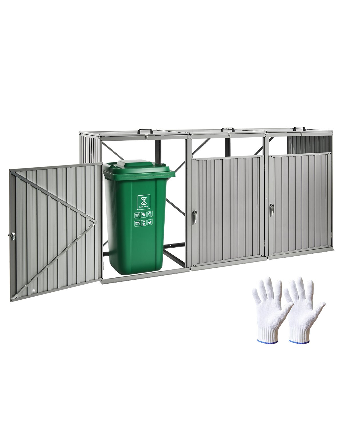 VEVOR Trash Can Storage, 3 x 52.79 Gal Trash Bin Storage Shed Outdoor, Galvanized Steel Horizontal Storage Cabinet Waterproof, Lockable Garbage Can Storage Shed, for Garden, Backyard and Patio Use