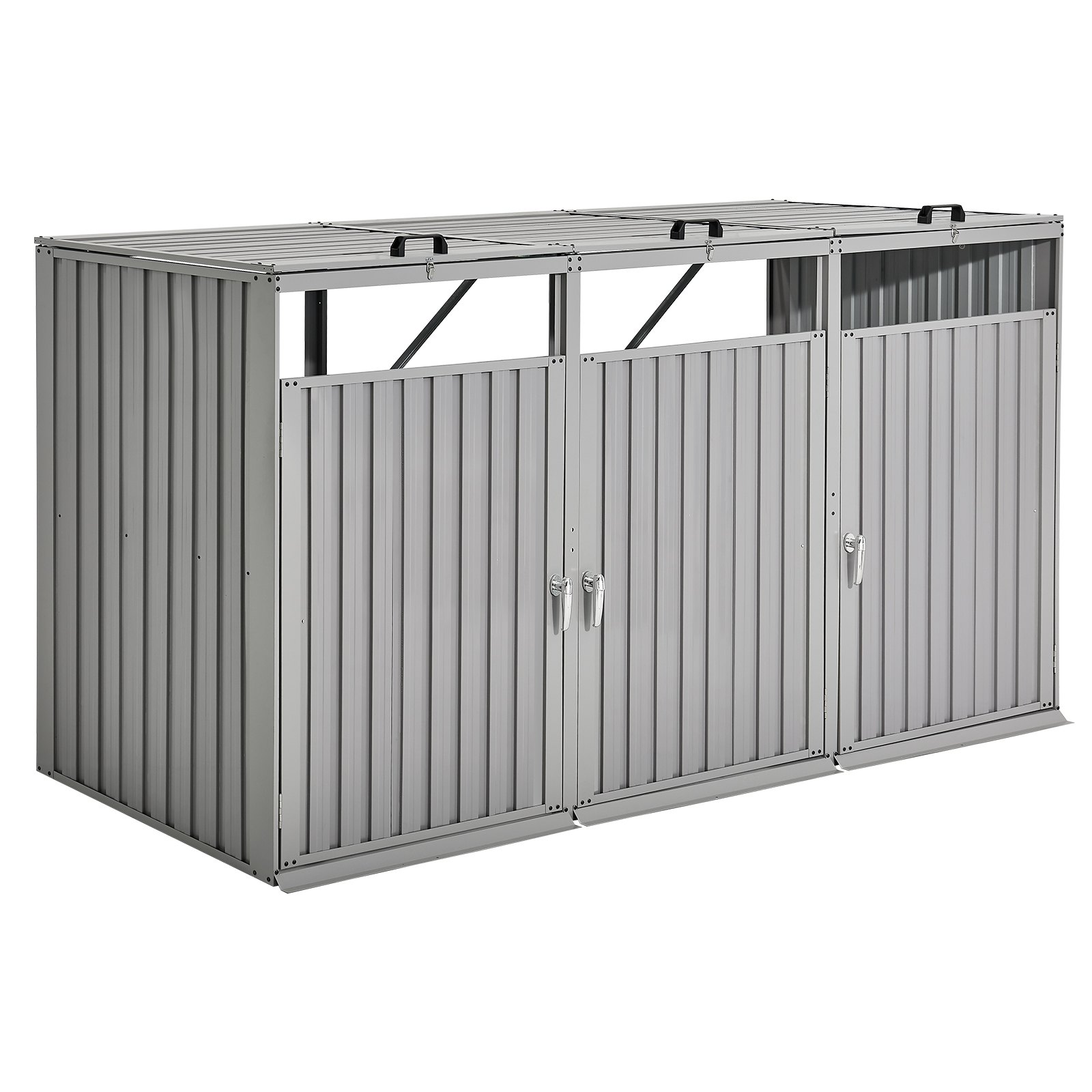 VEVOR Trash Can Storage, 3 x 52.79 Gal Trash Bin Storage Shed Outdoor, Galvanized Steel Horizontal Storage Cabinet Waterproof, Lockable Garbage Can Storage Shed, for Garden, Backyard and Patio Use