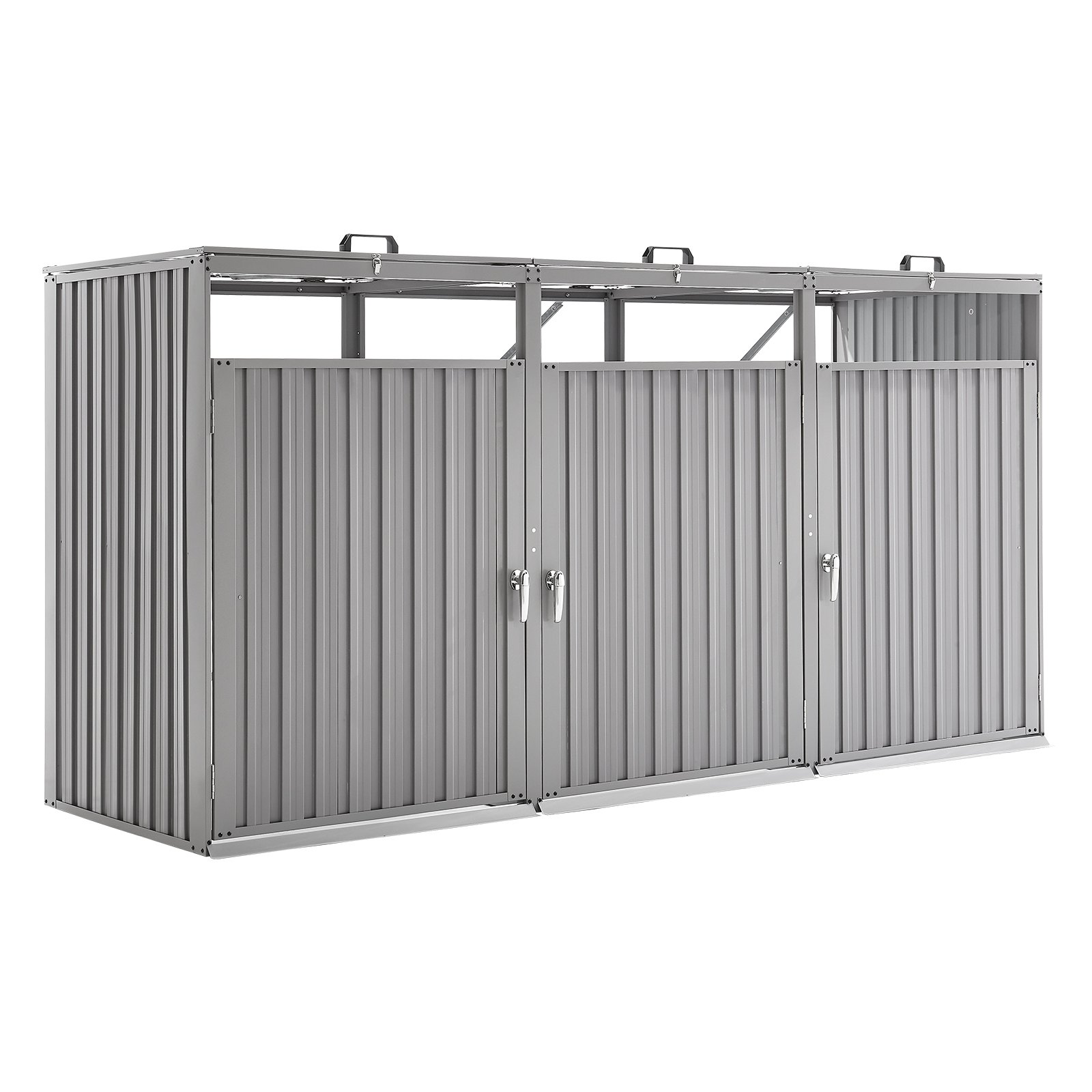 VEVOR Trash Can Storage, 3 x 52.79 Gal Trash Bin Storage Shed Outdoor, Galvanized Steel Horizontal Storage Cabinet Waterproof, Lockable Garbage Can Storage Shed, for Garden, Backyard and Patio Use