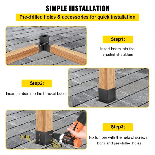VEVOR Pergola Kit Steel Brackets, 6" x 6" Pergola Brackets Post, 8 pcs Pergola Brackets Boot, Powder-Coated Pergola Bracket Shoulder, Carbon Steel Extension Pergola Bracket with 3-Way 90° Corner