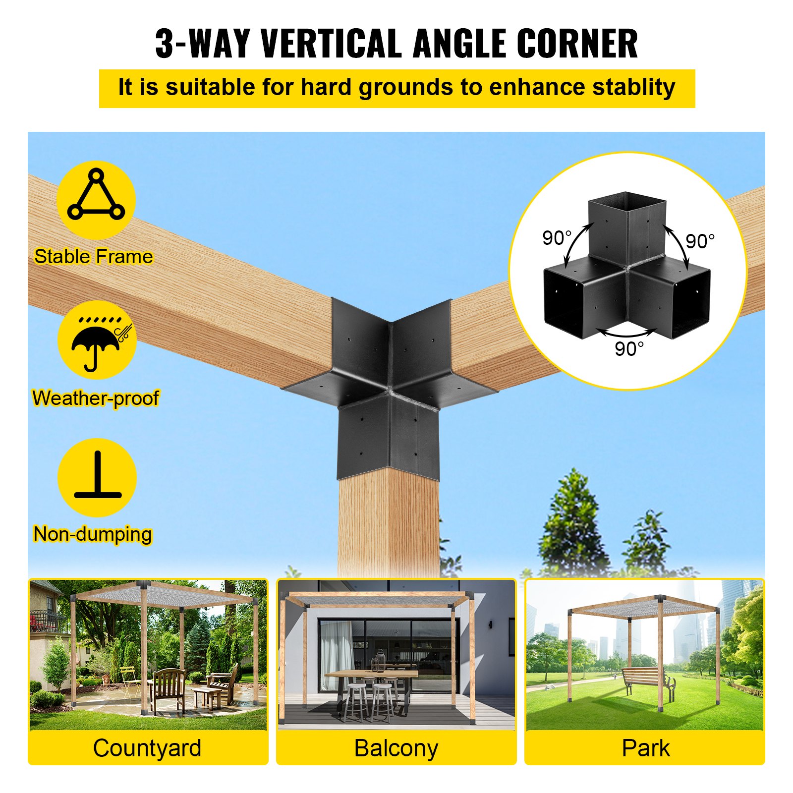 VEVOR Pergola Kit Steel Brackets, 6" x 6" Pergola Brackets Post, 8 pcs Pergola Brackets Boot, Powder-Coated Pergola Bracket Shoulder, Carbon Steel Extension Pergola Bracket with 3-Way 90° Corner