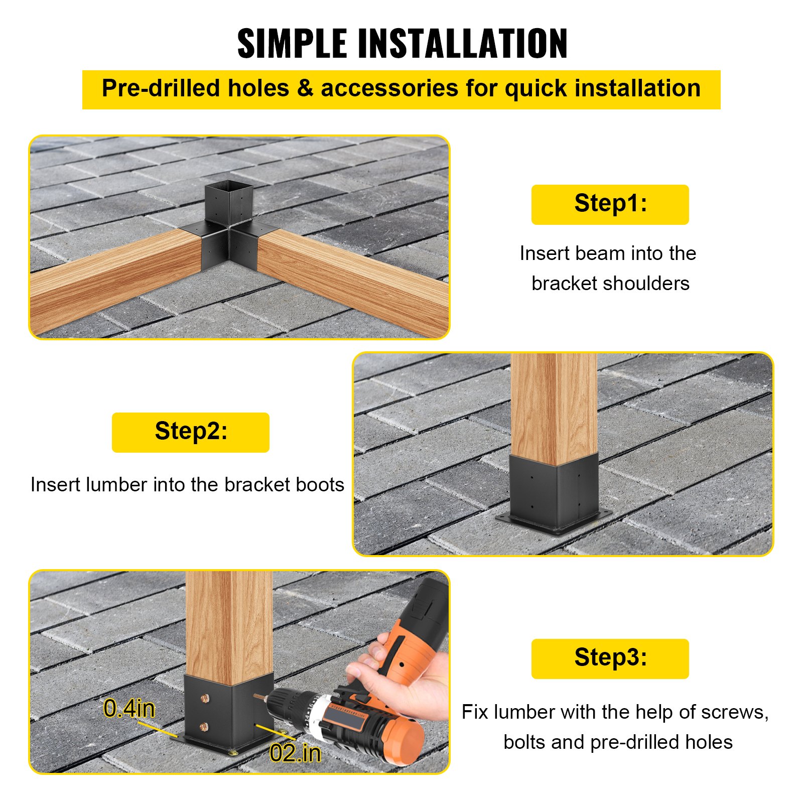 VEVOR Pergola Kit Steel Brackets, 6" x 6" Pergola Brackets Post, 8 pcs Pergola Brackets Boot, Powder-Coated Pergola Bracket Shoulder, Carbon Steel Extension Pergola Bracket with 3-Way 90° Corner