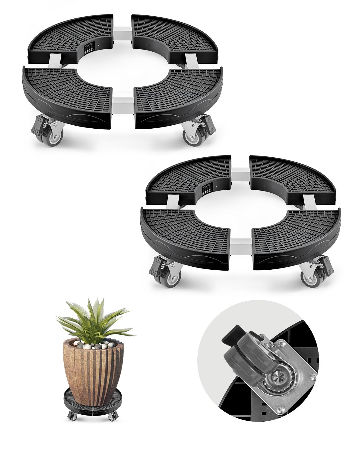 VEVOR Trash Can Dolly with 4 Lockable Wheels, 440lbs Weight Capacity, 2 Packs Round Trash Can Roller Base, 15-22.8 in Adjustable, Heavy Duty Plant Caddy, Multi-Functional Rolling Dolly Cart, Black