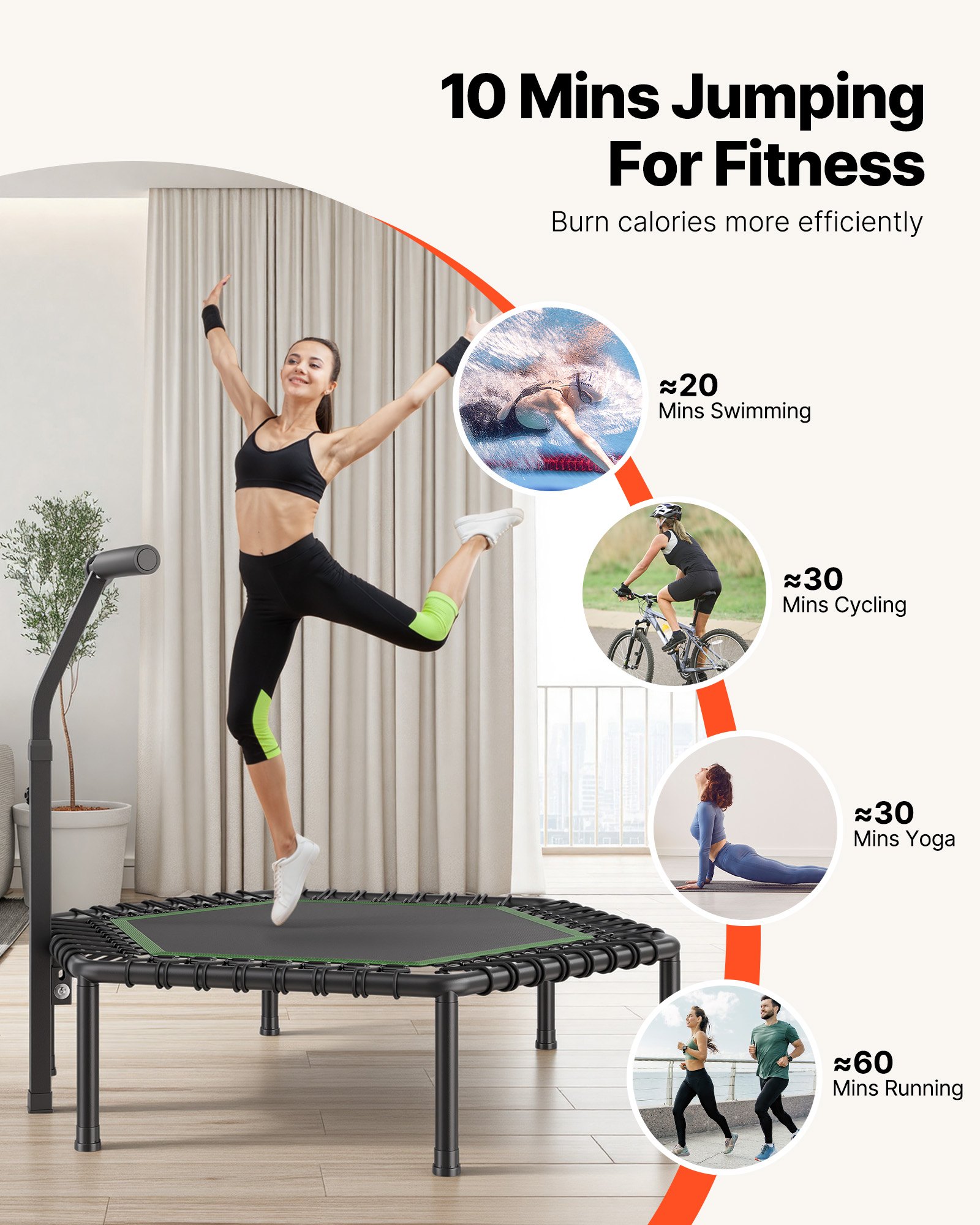 VEVOR 1385 mm Mini Trampoline, 205 kg Max Load Fitness Rebounder, Stable & Quiet Small Trampoline with 3 Levels Height Adjustable & Foam Handle, Exercise Rebounder for Adults Indoor/Garden Workout