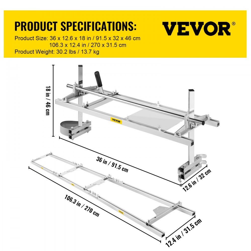 VEVOR Motosierra Molino Barra de fresado de tablones de 36"pulgadas 14" a 36" con juegos de escalera guía de riel