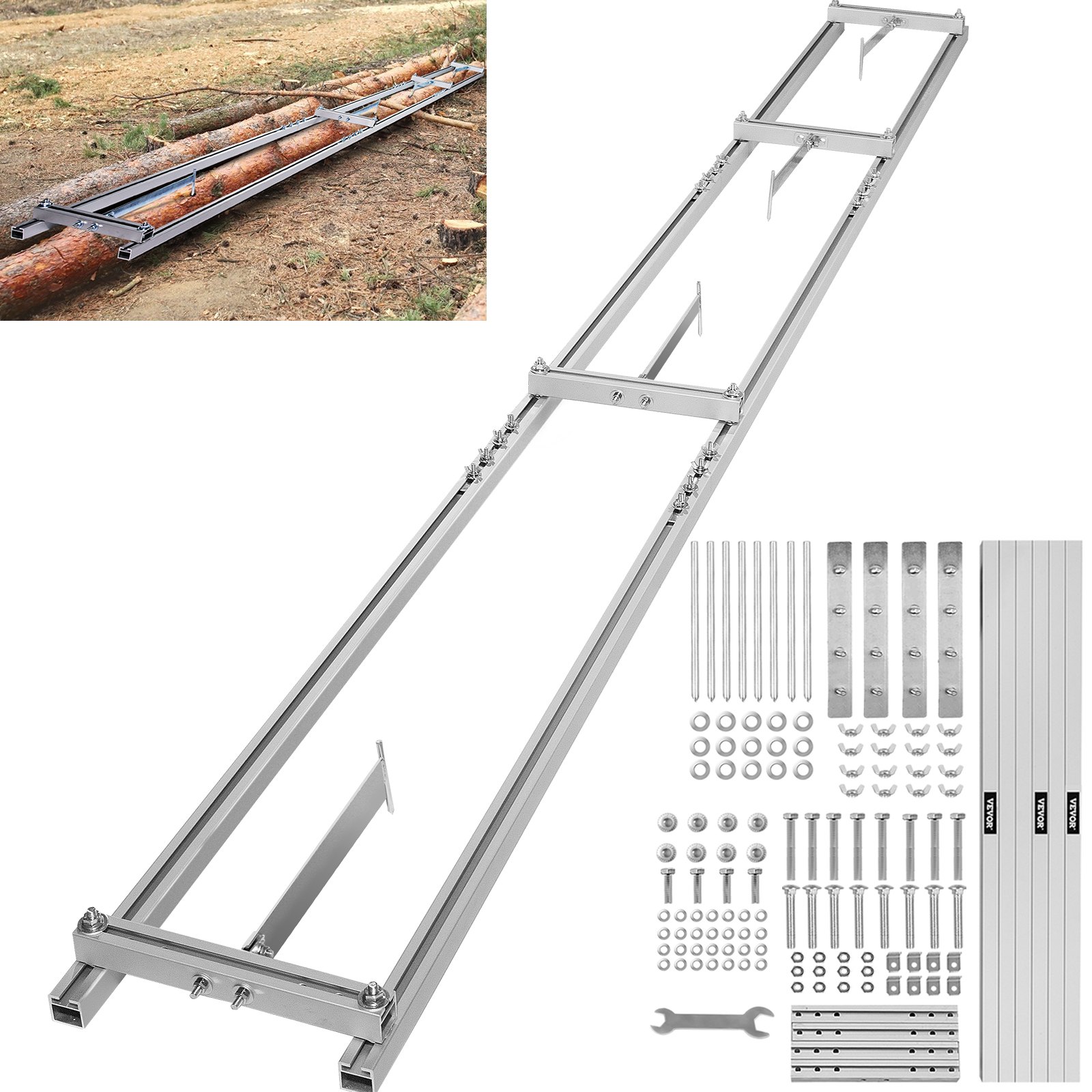 VEVOR Chainsaw Mill Rail Guide, 9 ft Milling Guide, 3 Crossbar Kits Rail Mill Guide System, Aluminum Saw Mill Rail System Work with Chainsaw Mills, with Chainsaw Sharpening Vise and Work Gloves.