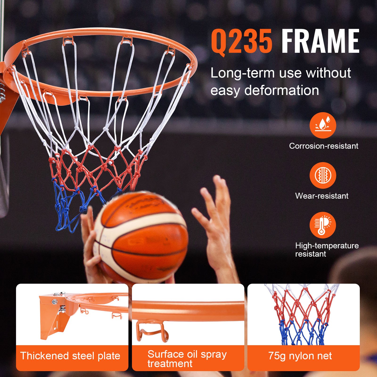 VEVOR Basketball Rim, Wall Door Mounted Basketball Hoop, Heavy Duty Q235 Basketball Flex Rim Goal Replacement with Net, Standard 18" Indoor and Outdoor Hanging Basketball Hoop for Kids Adults