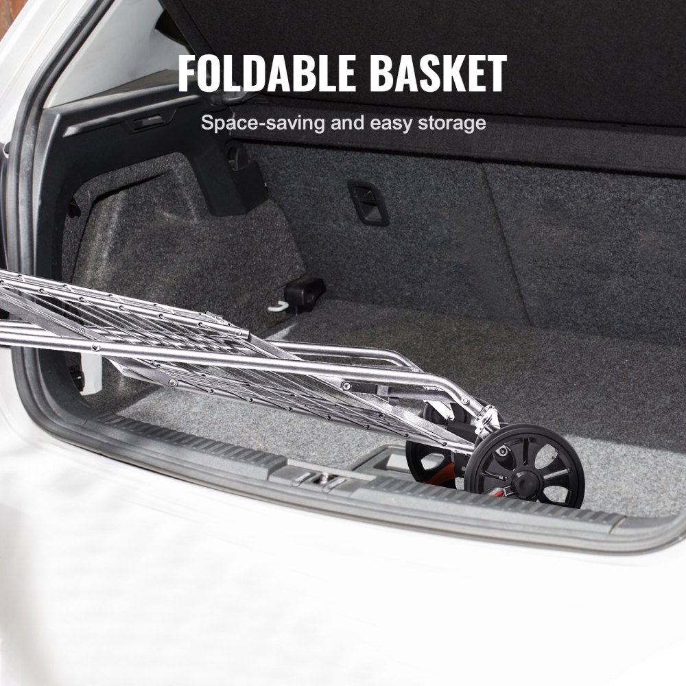 folded VEVOR folding shopping cart in car trunk for space-saving storage.