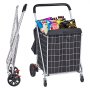 VEVOR folding shopping cart holding groceries, shown unfolded and folded side-by-side.