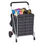 VEVOR folding shopping cart filled with groceries and snacks, featuring a black fabric bag and sturdy wheels.