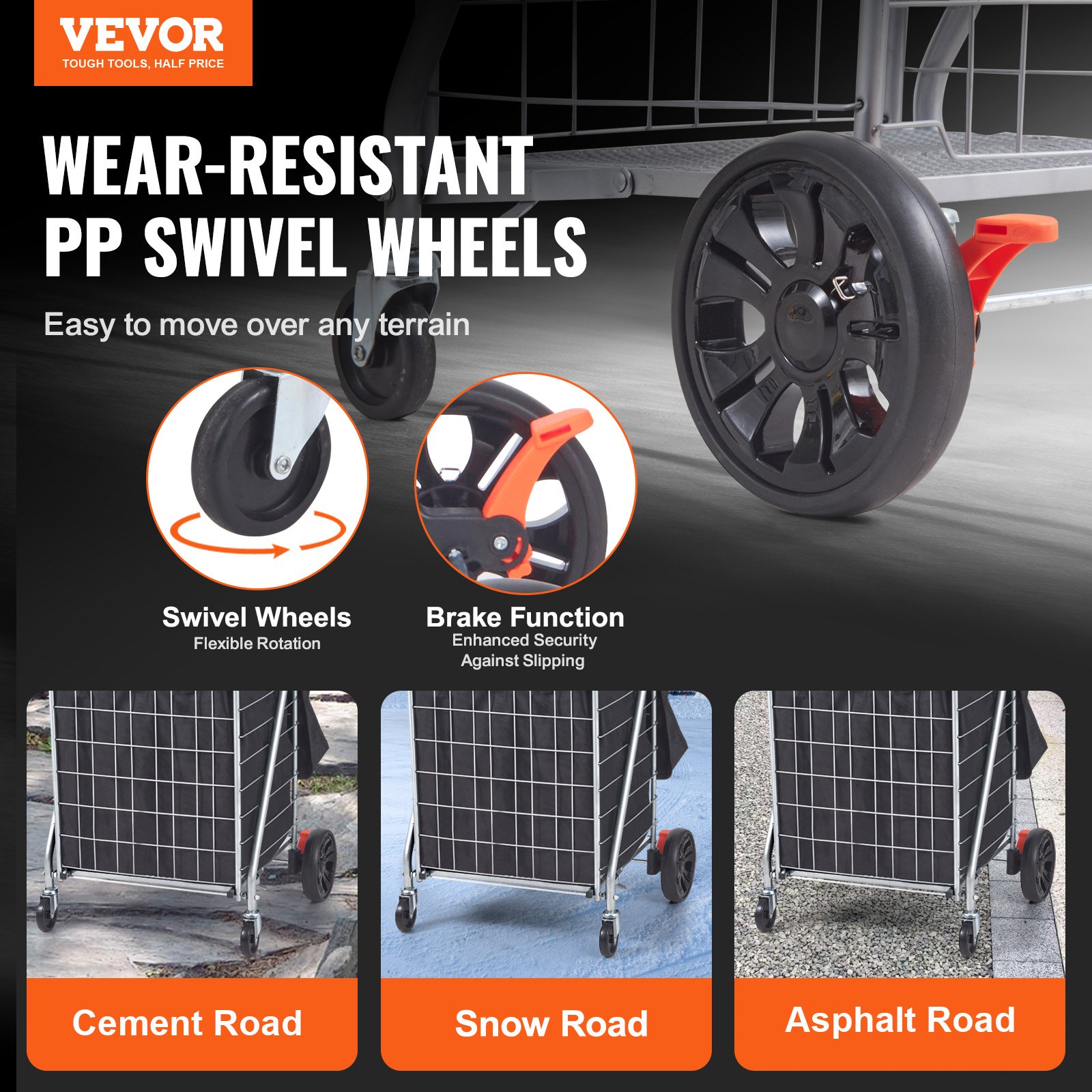 VEVOR folding shopping cart with wear-resistant pp swivel wheels, ideal for crack, snow, and cobblestone roads.
