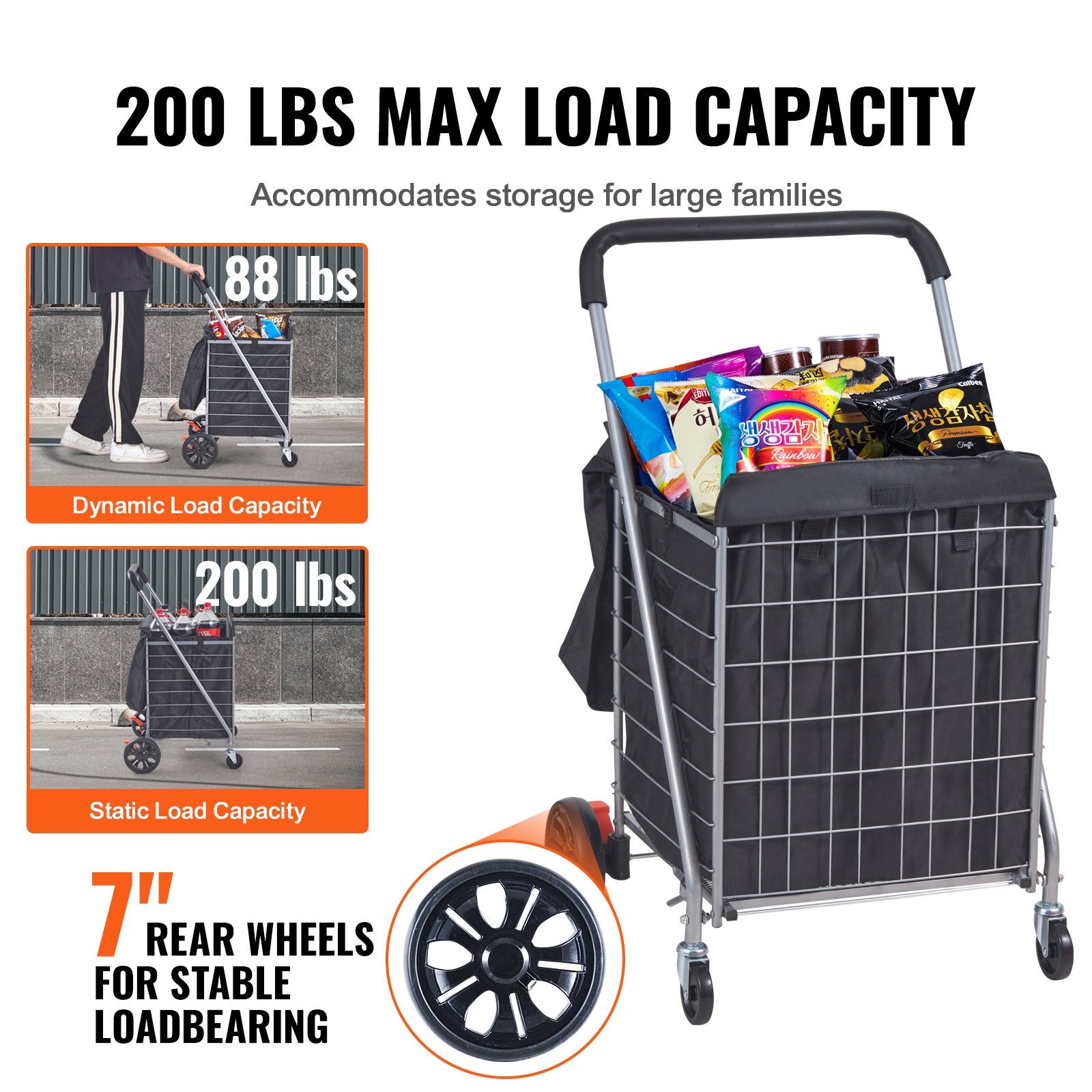 VEVOR folding shopping cart with 200 lbs max load capacity, 7&quot; rear wheels for stable loadbearing.