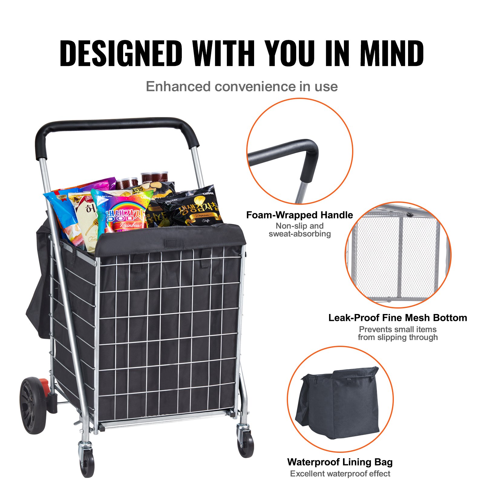 VEVOR folding shopping cart with foam-wrapped handle, leak-proof mesh bottom, and waterproof lining bag.