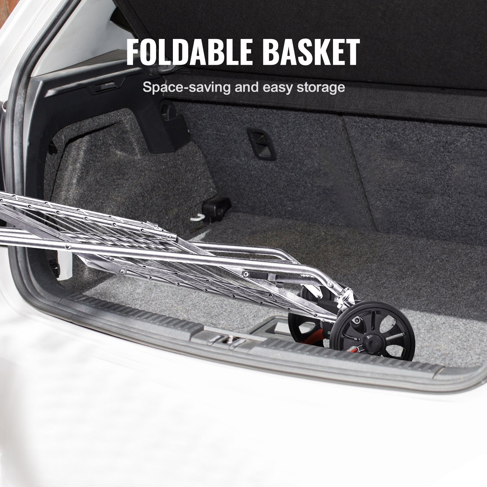 folded VEVOR folding shopping cart in car trunk for space-saving storage.