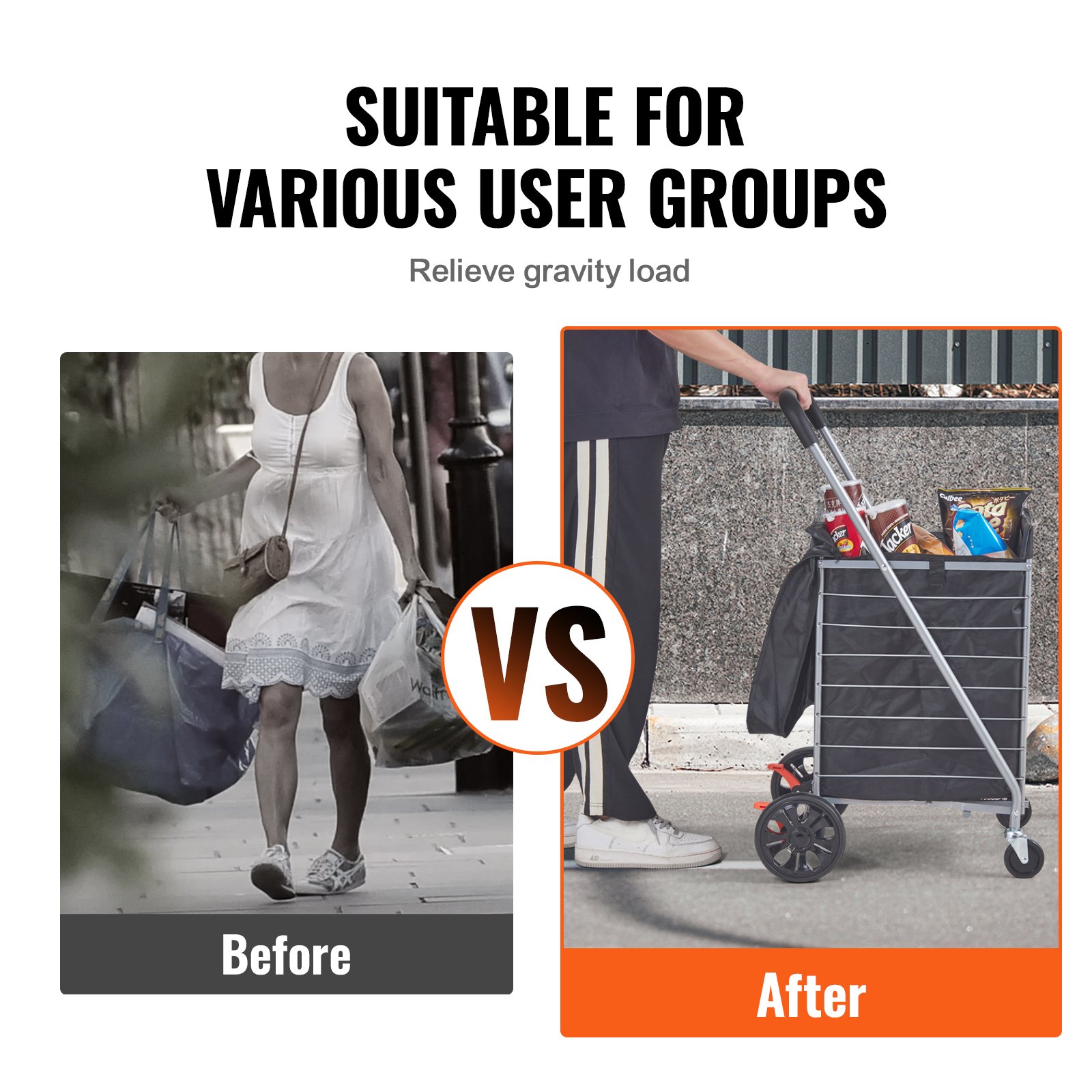 before and after using VEVOR folding shopping cart, showing easier shopping with the cart.