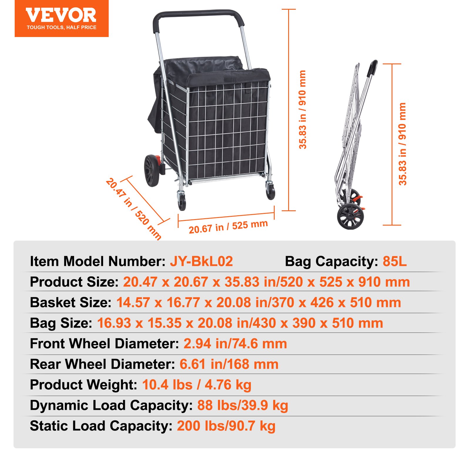 VEVOR folding shopping cart, dimensions, bag capacity 85l, and wheel measurements displayed.