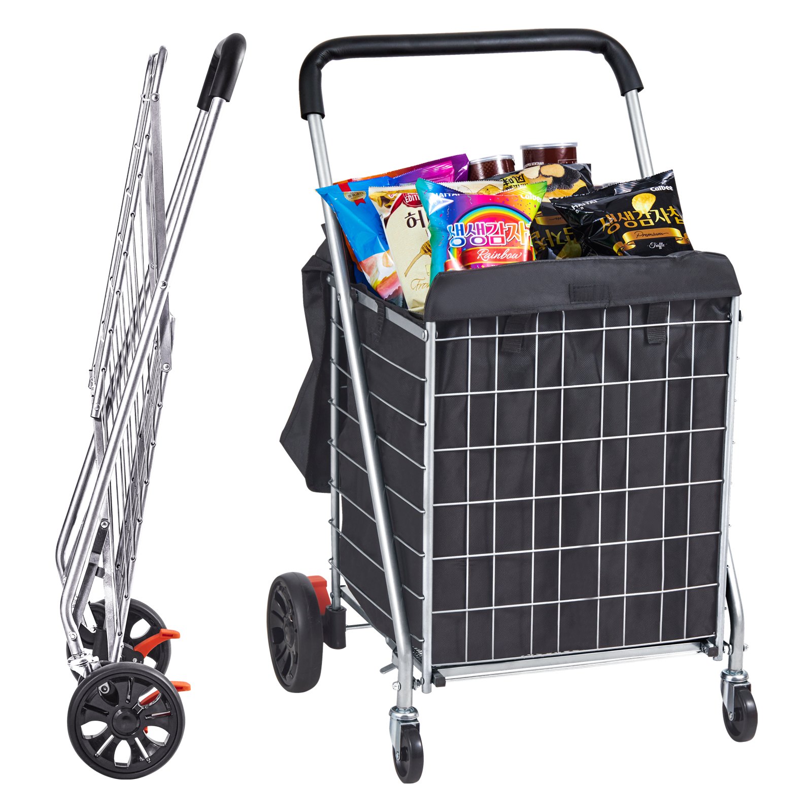 VEVOR folding shopping cart holding groceries, shown unfolded and folded side-by-side.