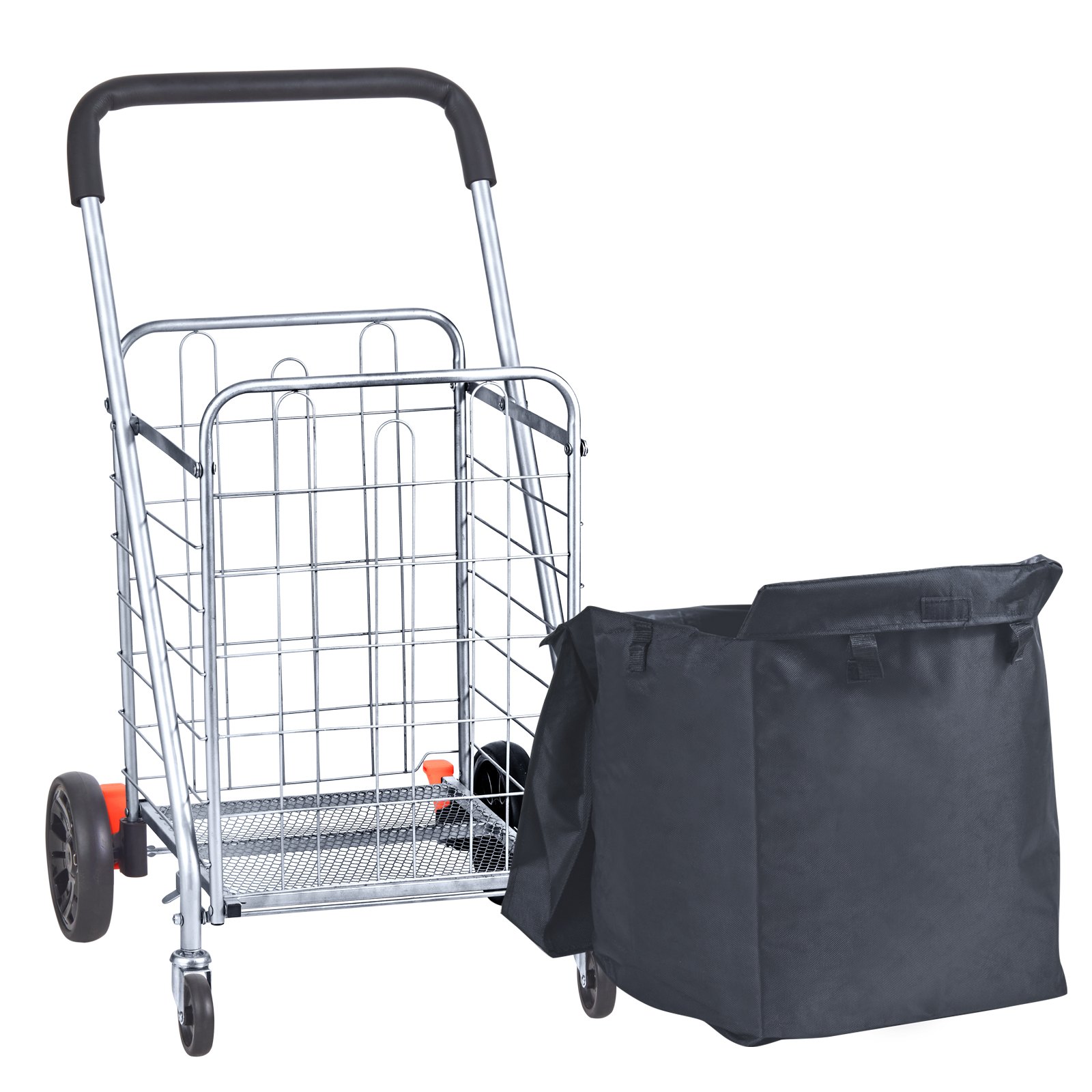 VEVOR Folding Shopping Cart, 200 lbs Max Load Capacity, Grocery Utility Cart with Rolling Swivel Wheels and Bag, Heavy Duty Foldable Laundry Basket Trolley Compact Lightweight Collapsible, Silver