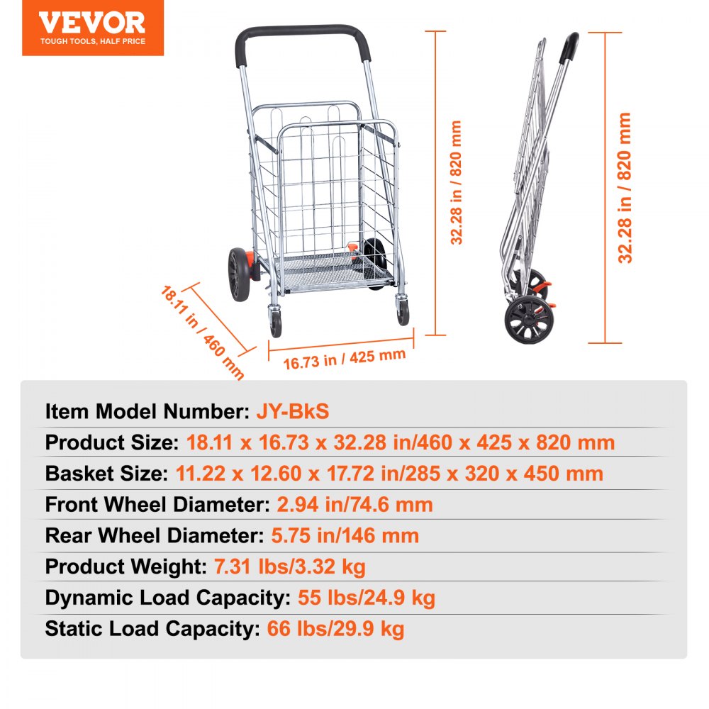 VEVOR Folding Shopping Cart, 66 lbs Max Load Capacity, Grocery Utility Cart with Rolling Swivel Wheels, Heavy Duty Foldable Laundry Basket Trolley Compact Lightweight Collapsible for Luggage, Silver