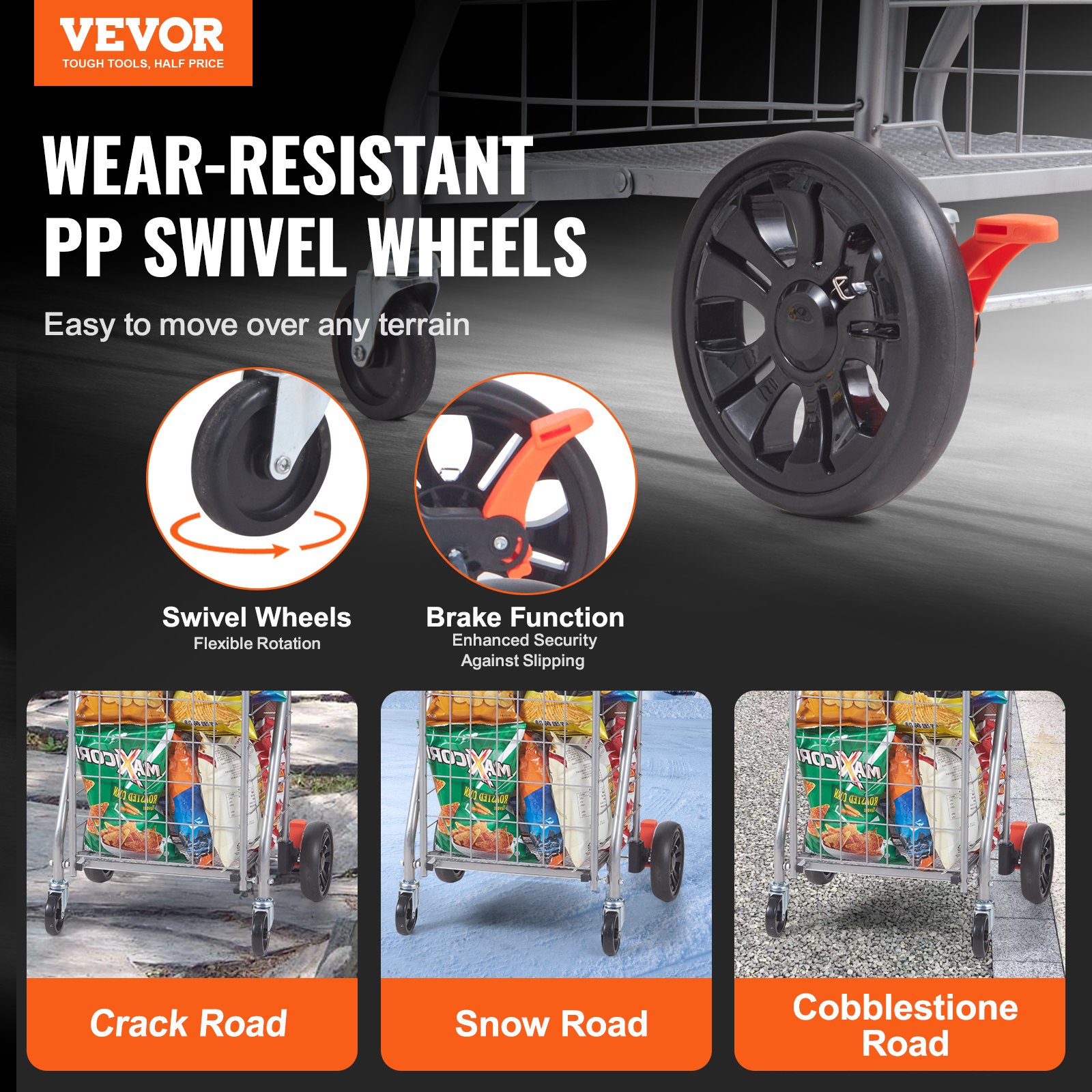 VEVOR Folding Shopping Cart, 66 lbs Max Load Capacity, Grocery Utility Cart with Rolling Swivel Wheels, Heavy Duty Foldable Laundry Basket Trolley Compact Lightweight Collapsible for Luggage, Silver