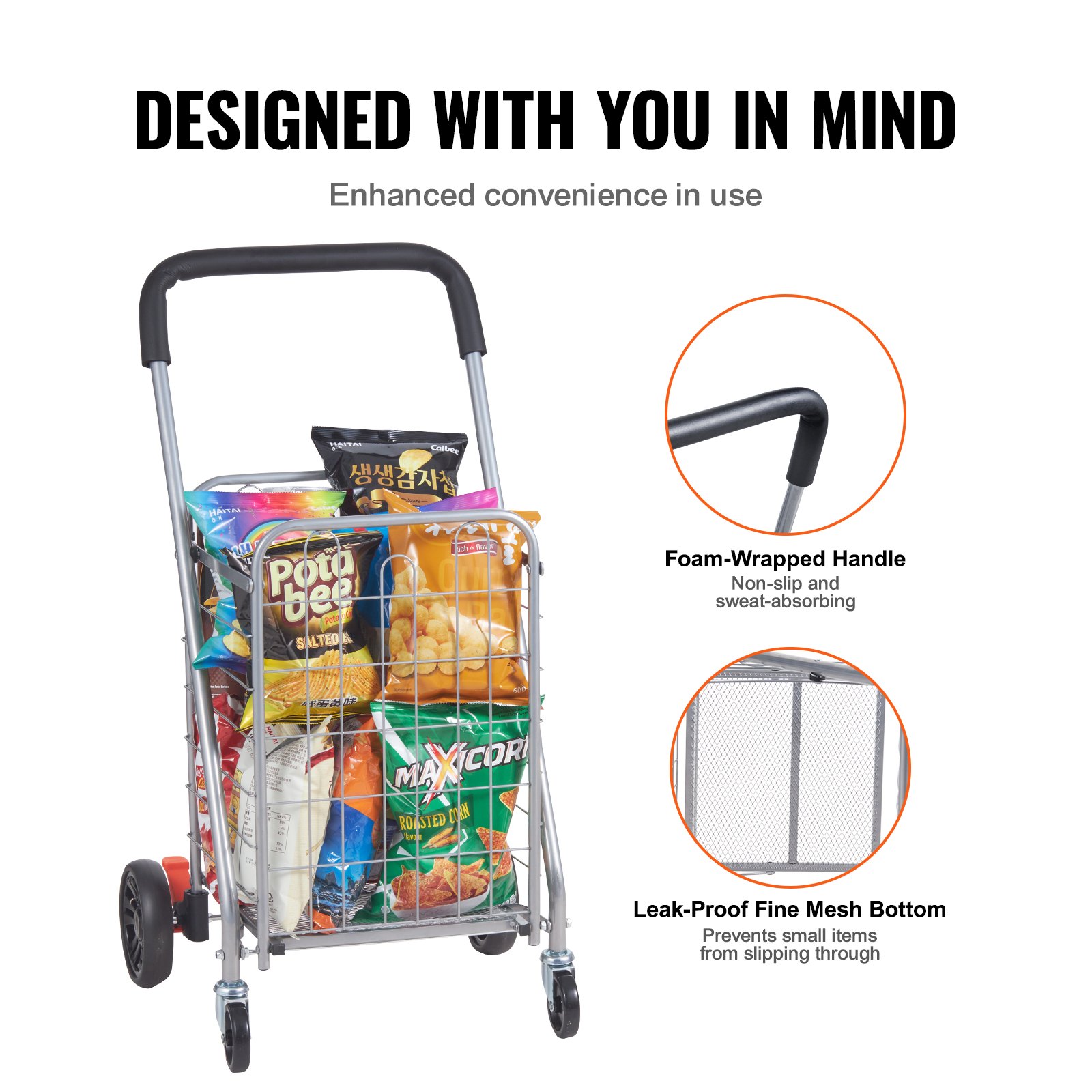 VEVOR Folding Shopping Cart, 66 lbs Max Load Capacity, Grocery Utility Cart with Rolling Swivel Wheels, Heavy Duty Foldable Laundry Basket Trolley Compact Lightweight Collapsible for Luggage, Silver