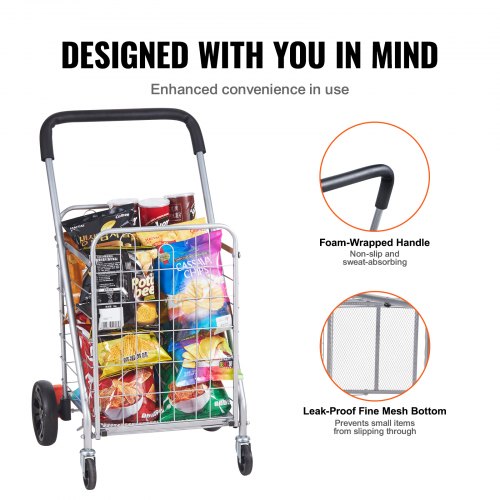 VEVOR Folding Shopping Cart, 110 lbs Max Load Capacity, Grocery Utility Cart with Rolling Swivel Wheels, Heavy Duty Foldable Laundry Basket Trolley Compact Lightweight Collapsible for Luggage, Silver