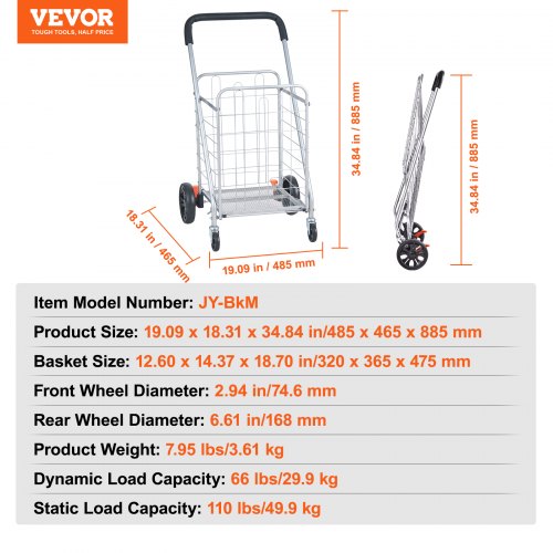 VEVOR Folding Shopping Cart, 110 lbs Max Load Capacity, Grocery Utility Cart with Rolling Swivel Wheels, Heavy Duty Foldable Laundry Basket Trolley Compact Lightweight Collapsible for Luggage, Silver