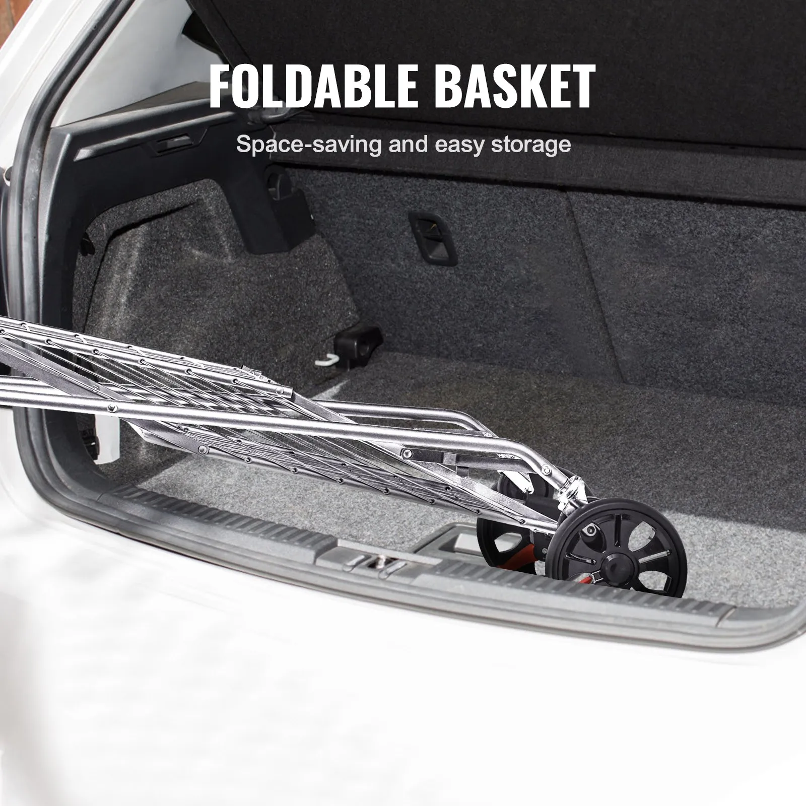 VEVOR folding shopping cart fits easily in a car trunk, showcasing its foldable design and storage efficiency.