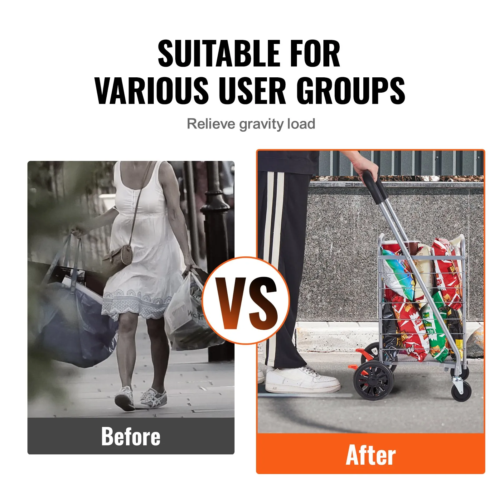 before vs after using a VEVOR folding shopping cart, showing ease of carrying groceries.
