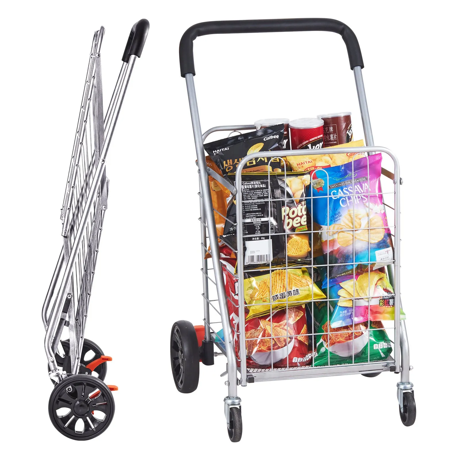 VEVOR folding shopping cart filled with snacks, showing front and side views.